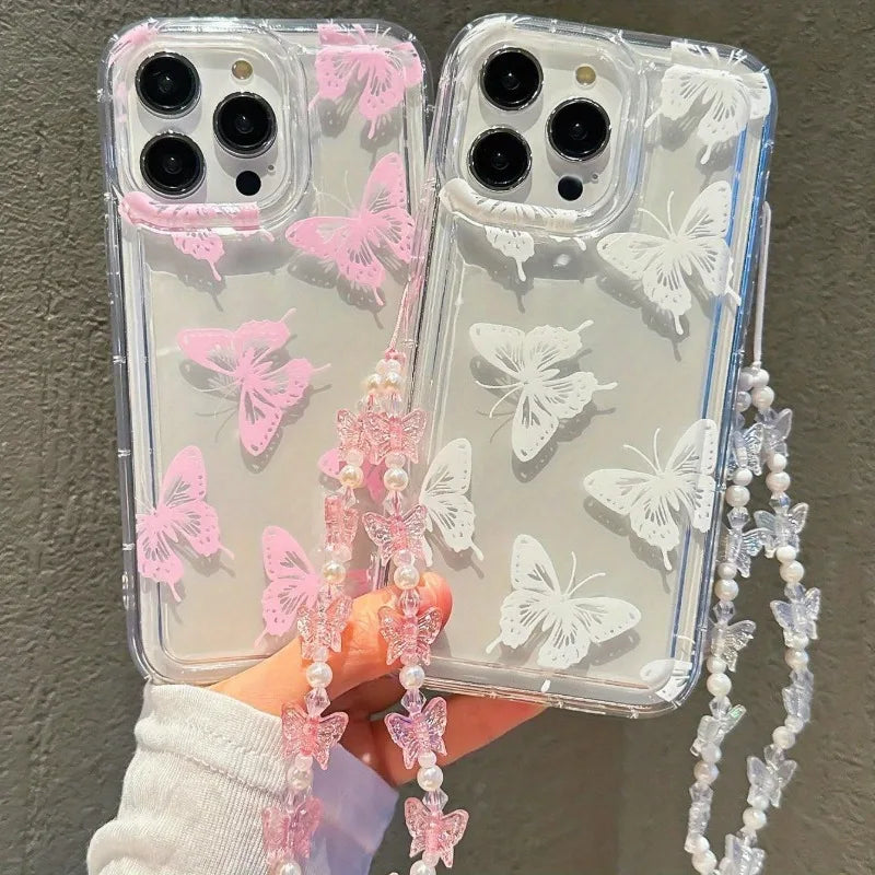 Butterfly Pattern Phone Case for iPhone 7–17 Series – Transparent Protective Cover with Lanyard