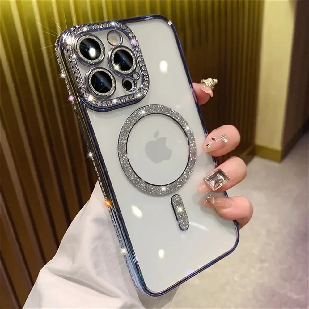 Glitter Diamond Transparent Phone Case for iPhone 11–17 Series – Magnetic Wireless Charging Bumper Cover