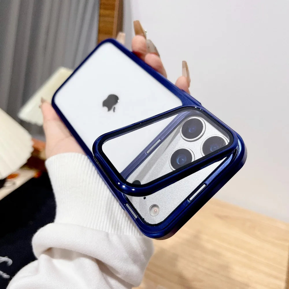 Ultra Thin Transparent Camera Stand Case for iPhone 17 / 17 Pro / 17 Air / 17 Pro Max – Plated Glass Shockproof Cover