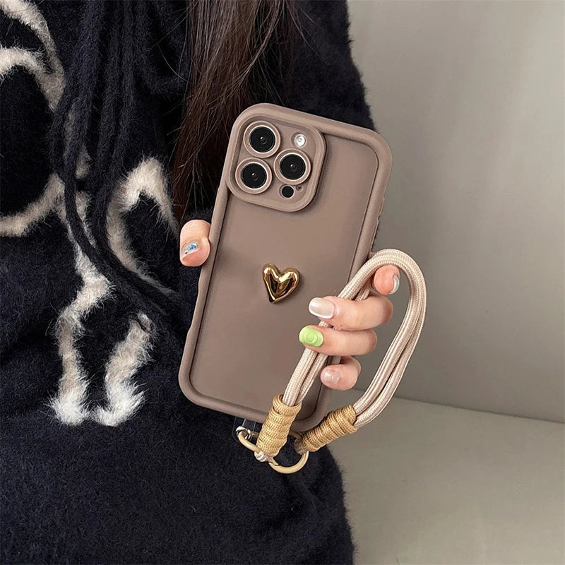 Cute Korean 3D Golden Love Heart Soft Case for iPhone 7–17 Series, Wrist Chain Strap Protective Cover
