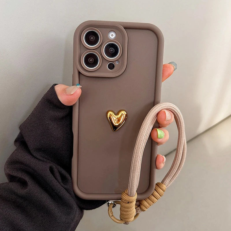 Cute Korean 3D Golden Love Heart Soft Case for iPhone 7–17 Series, Wrist Chain Strap Protective Cover