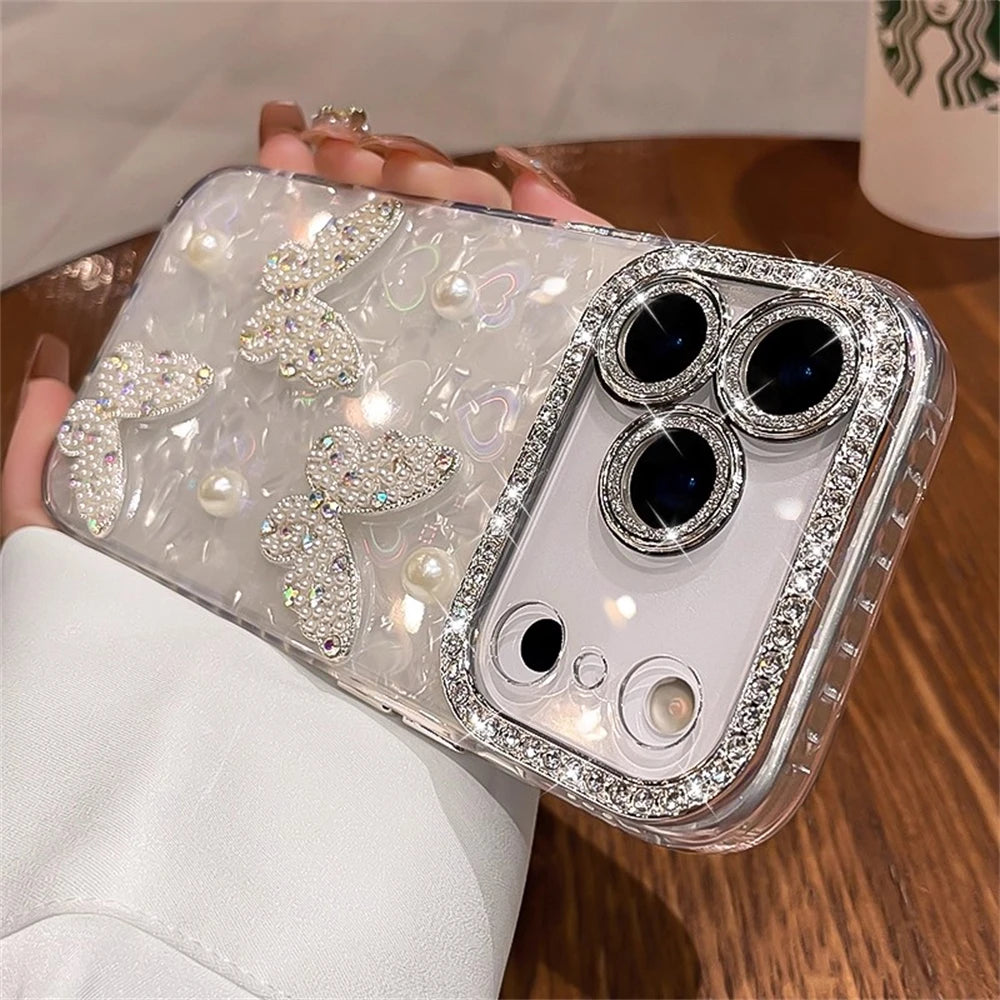 Rhinestone Glitter Pearl Butterfly Phone Case for iPhone 12–17 Series, Diamond Camera Protection Cover