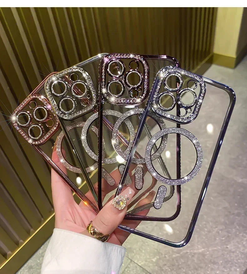 Glitter Diamond Transparent Phone Case for iPhone 11–17 Series – Magnetic Wireless Charging Bumper Cover