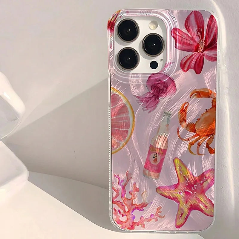 Pink Heart Starfish Pattern Phone Case for iPhone 7–17 Series – Cute Coral Jellyfish Protective Cover