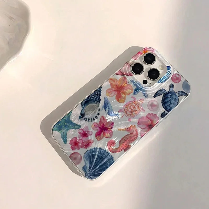 Pink Heart Starfish Pattern Phone Case for iPhone 7–17 Series – Cute Coral Jellyfish Protective Cover