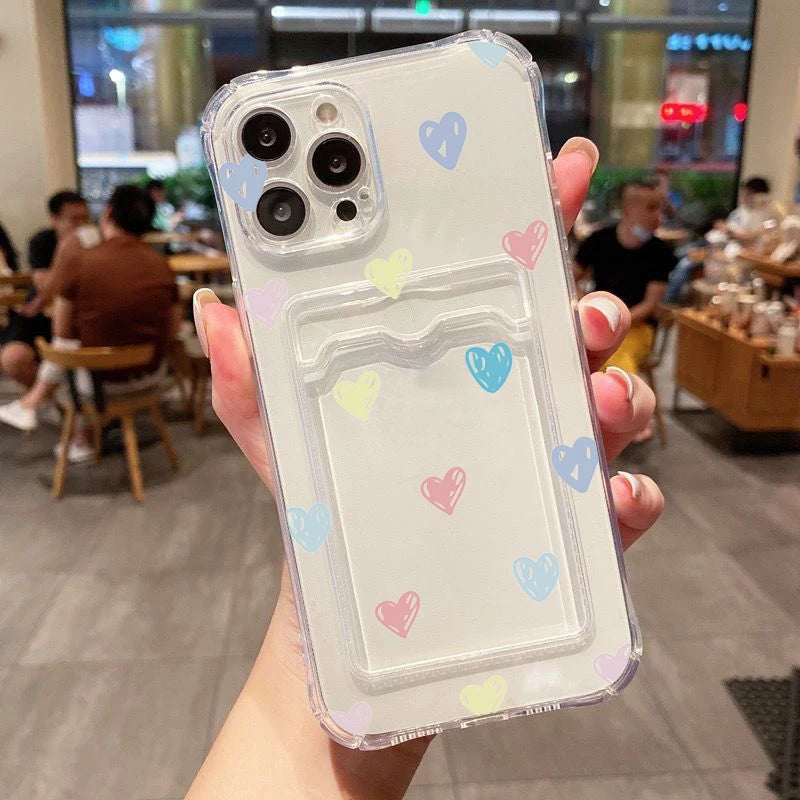 Love Heart Wallet Phone Case for iPhone 7–16 Series – Clear Card Holder Protective Cover
