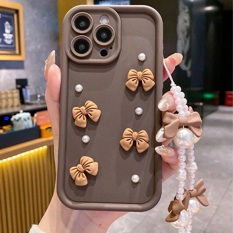 3D Bowknot Pearl Silicone Phone Case for iPhone 7–17 Series – Korean Style Soft Protective Cover with Lanyard