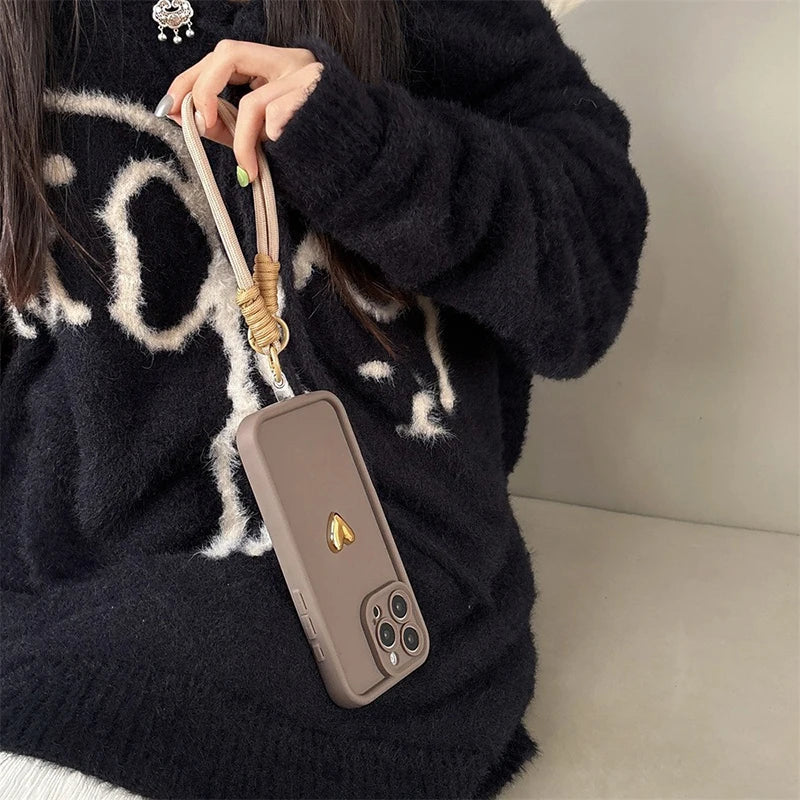 Cute Korean 3D Golden Love Heart Soft Case for iPhone 7–17 Series, Wrist Chain Strap Protective Cover