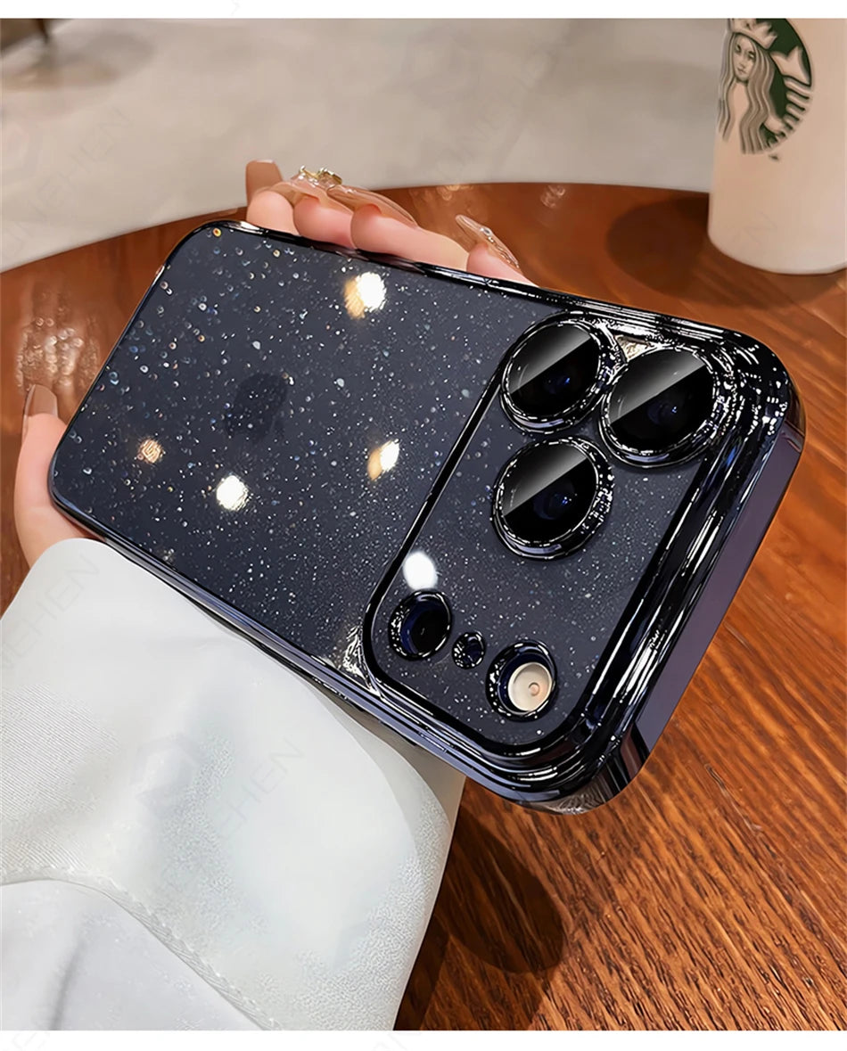 Luxury Transparent Glitter Clear Slim Case for iPhone 12–17 Series, Orange Painted Bumper Lens Protection Hard Cover