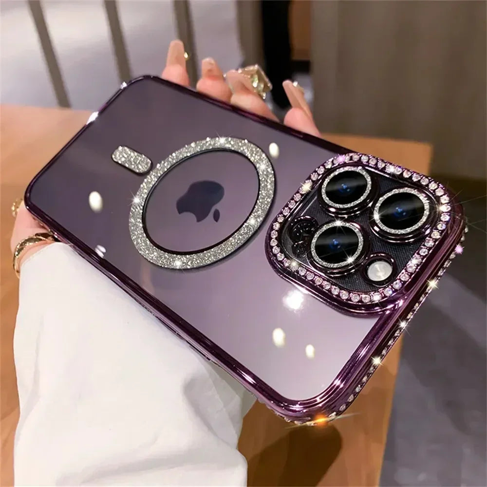 Glitter Diamond Transparent Phone Case for iPhone 11–17 Series – Magnetic Wireless Charging Bumper Cover