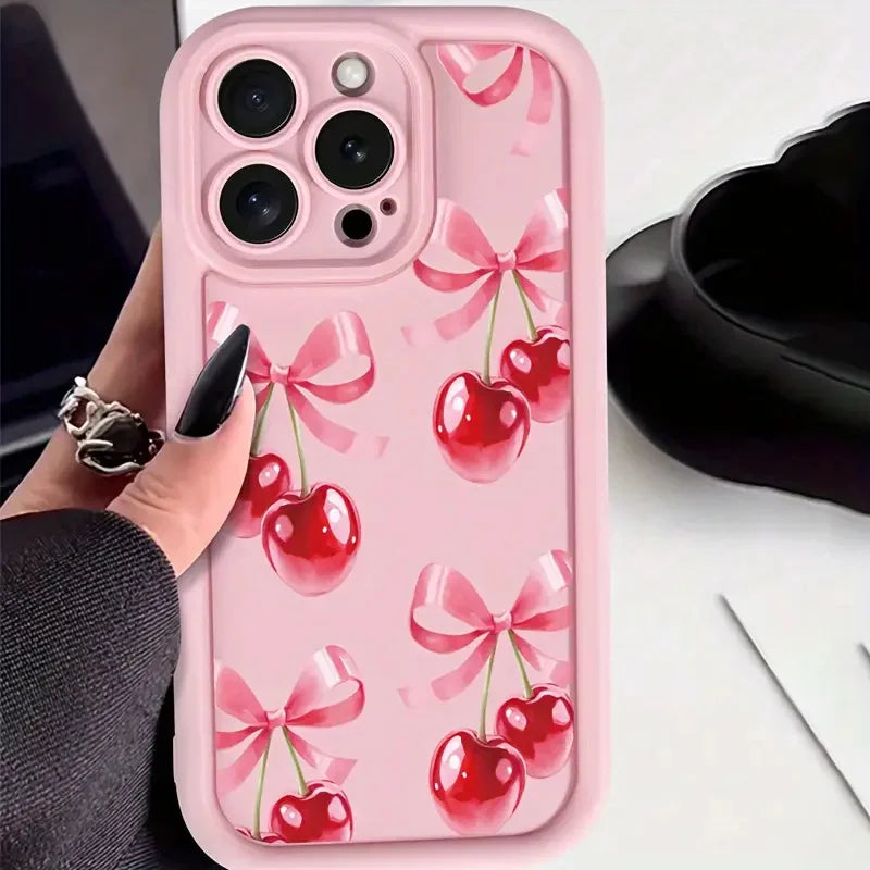 Wine Red Cherry Print Phone Case for iPhone 7–17 Series – Luxury Shockproof Silicone Protective Cover