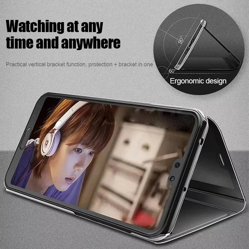 Luxury Mirror Flip Case for Samsung Galaxy S21–S26 Series – Shockproof Leather Texture Protective Cover
