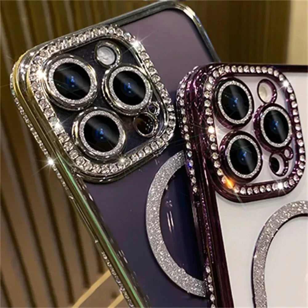 Glitter Diamond Transparent Phone Case for iPhone 11–17 Series – Magnetic Wireless Charging Bumper Cover