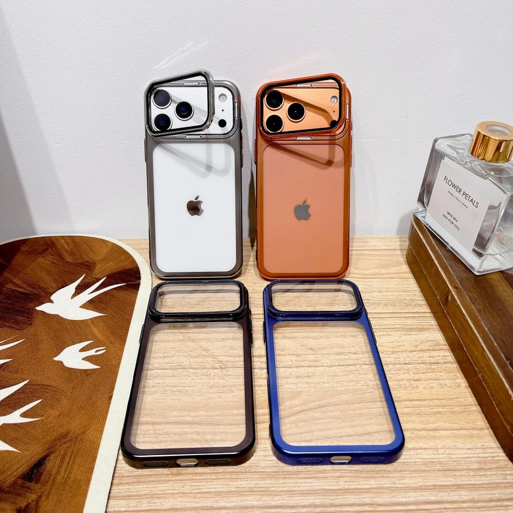 Ultra Thin Transparent Camera Stand Case for iPhone 17 / 17 Pro / 17 Air / 17 Pro Max – Plated Glass Shockproof Cover