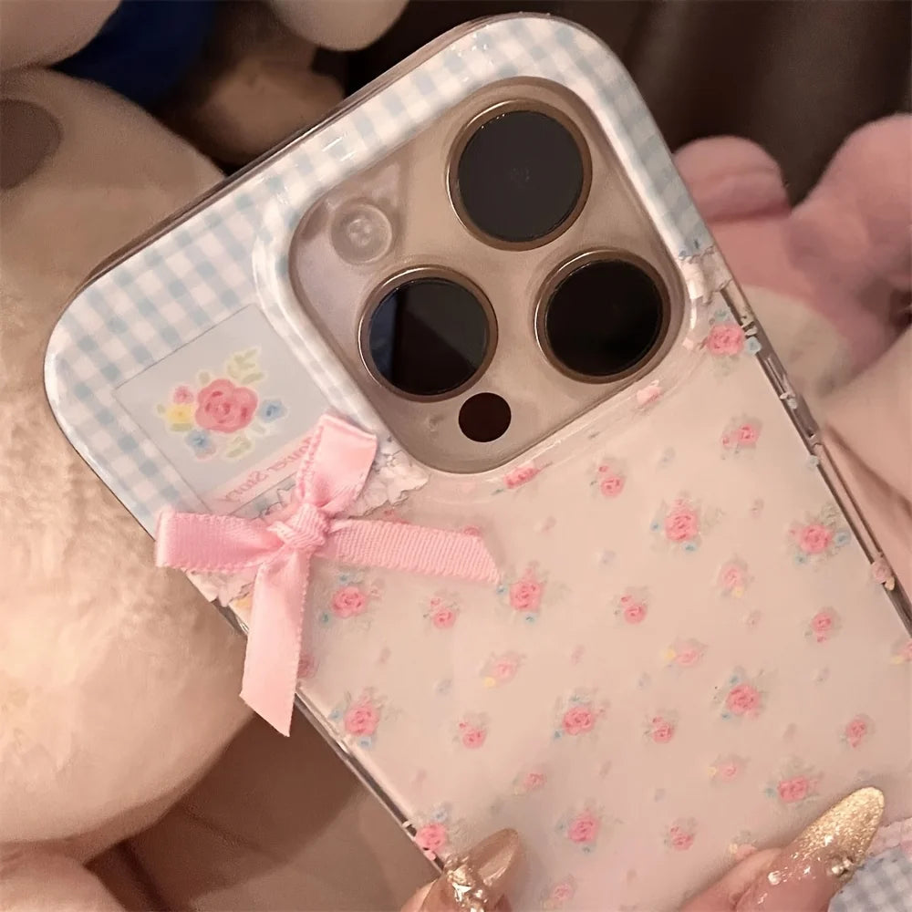 Retro Plaid Floral Bowknot Phone Case for iPhone 7–17 Series – Korean Style Soft Protective Cover