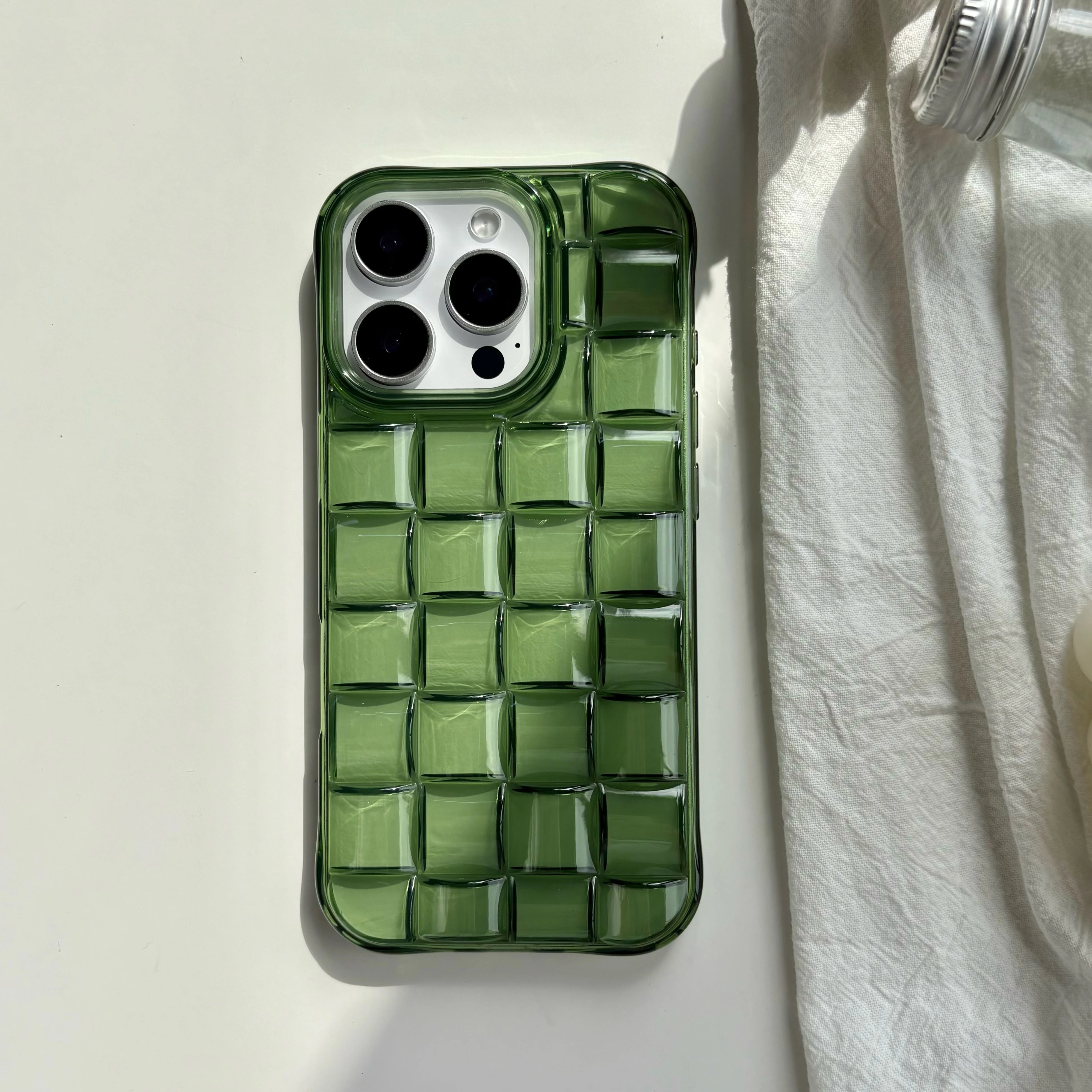 Green Woven Plaid Phone Case for iPhone 11–17 Series – 3D Cube Pattern Soft Transparent Protective Cover
