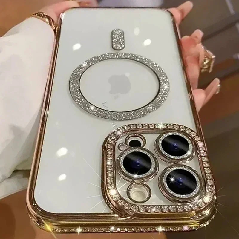 Glitter Diamond Transparent Phone Case for iPhone 11–17 Series – Magnetic Wireless Charging Bumper Cover