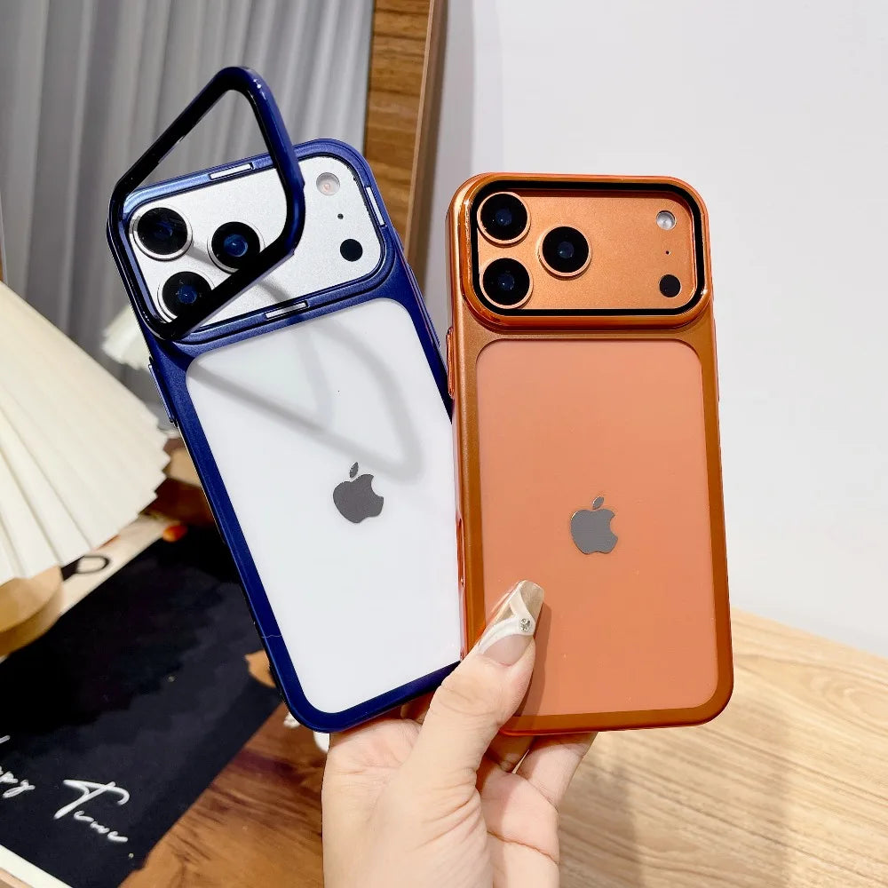 Ultra Thin Transparent Camera Stand Case for iPhone 17 / 17 Pro / 17 Air / 17 Pro Max – Plated Glass Shockproof Cover