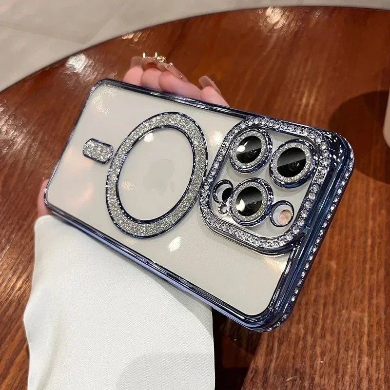 Glitter Diamond Transparent Phone Case for iPhone 11–17 Series – Magnetic Wireless Charging Bumper Cover