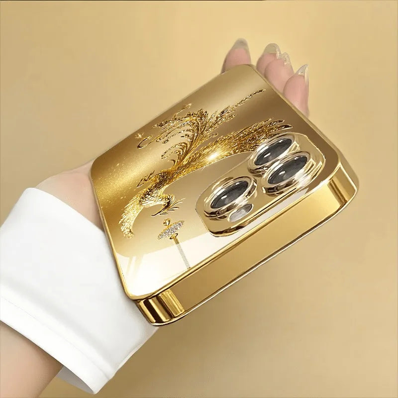 Golden Phoenix Metallic Glass Phone Case for iPhone 11–17 Series – Luxury Diamond Pattern Protective Cover