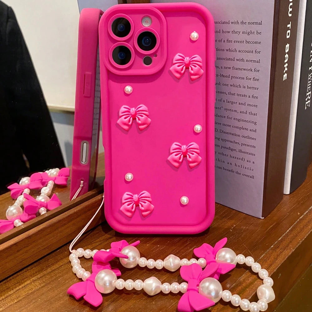 3D Bowknot Pearl Silicone Phone Case for iPhone 7–17 Series – Korean Style Soft Protective Cover with Lanyard