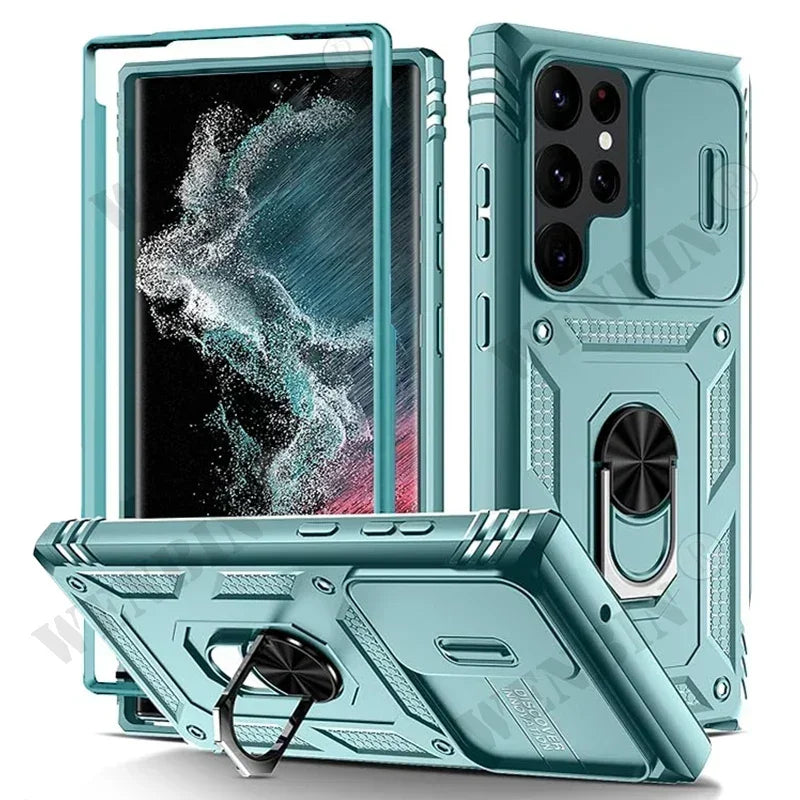 Heavy Duty Kickstand Case for Samsung Galaxy S23–S26 & A Series – 360° Camera Protection Cover for Ultra / Plus / FE / A17 / A16 / A57 / A56 / A37 / A36 5G