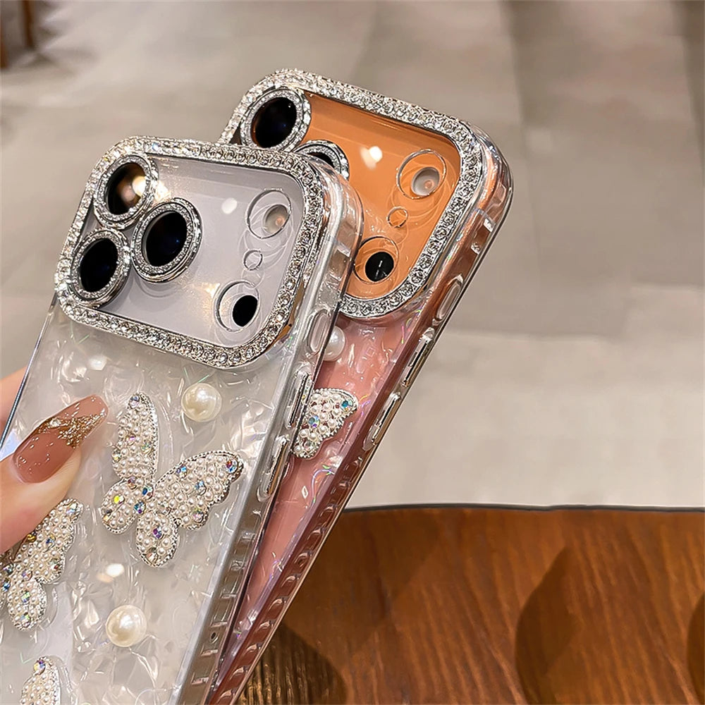 Rhinestone Glitter Pearl Butterfly Phone Case for iPhone 12–17 Series, Diamond Camera Protection Cover