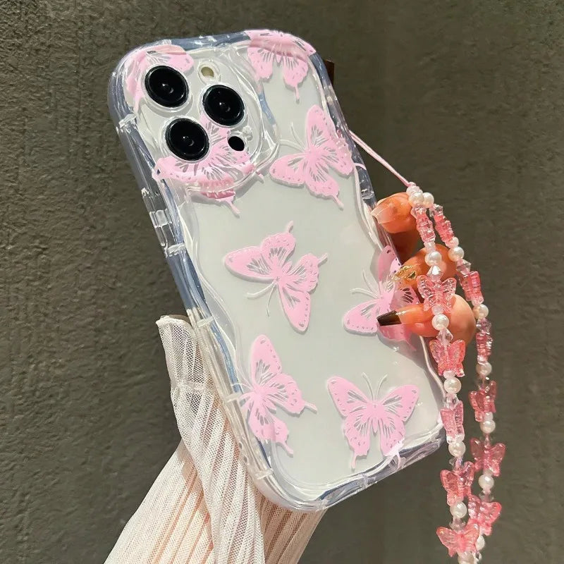 Butterfly Pattern Phone Case for iPhone 7–17 Series – Transparent Protective Cover with Lanyard