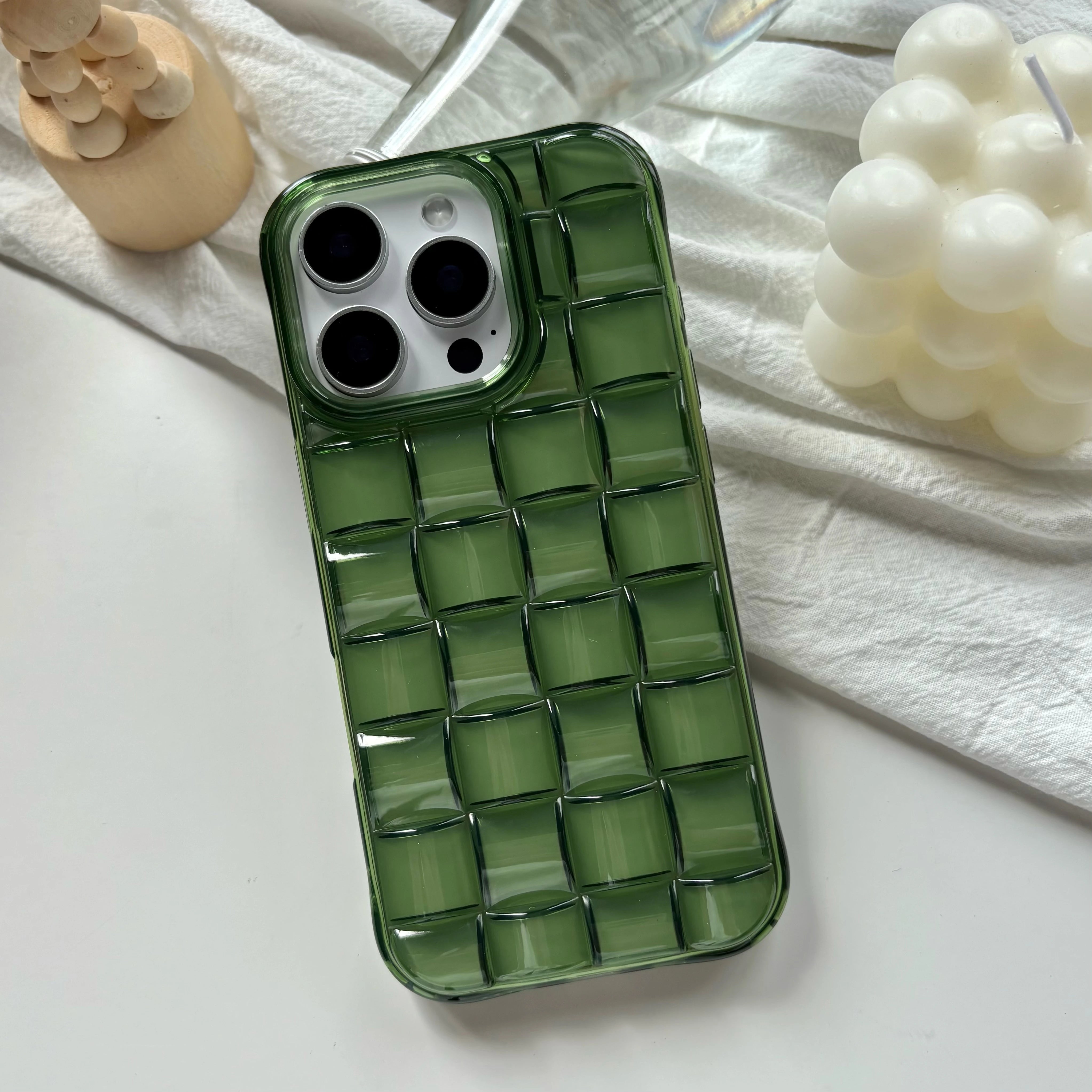 Green Woven Plaid Phone Case for iPhone 11–17 Series – 3D Cube Pattern Soft Transparent Protective Cover