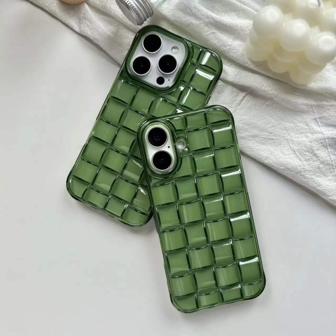 Green Woven Plaid Phone Case for iPhone 11–17 Series – 3D Cube Pattern Soft Transparent Protective Cover