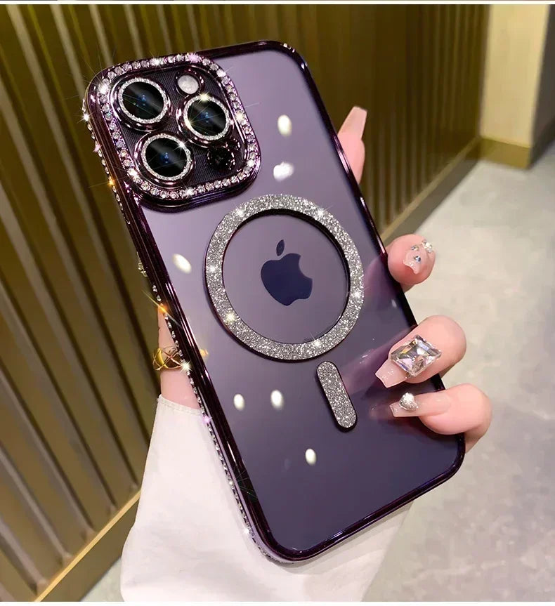 Glitter Diamond Transparent Phone Case for iPhone 11–17 Series – Magnetic Wireless Charging Bumper Cover