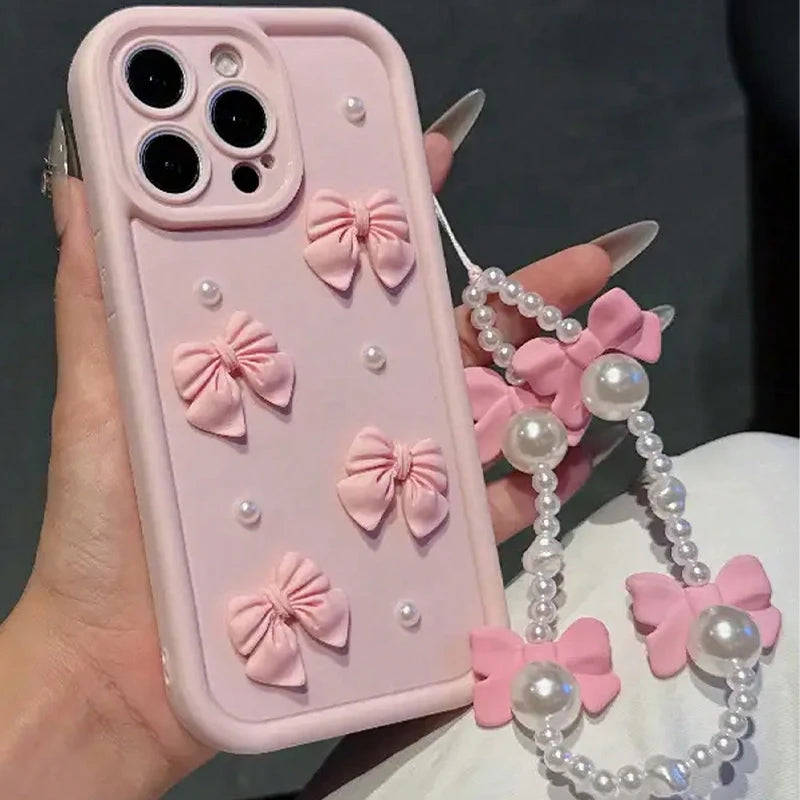 3D Bowknot Pearl Silicone Phone Case for iPhone 7–17 Series – Korean Style Soft Protective Cover with Lanyard