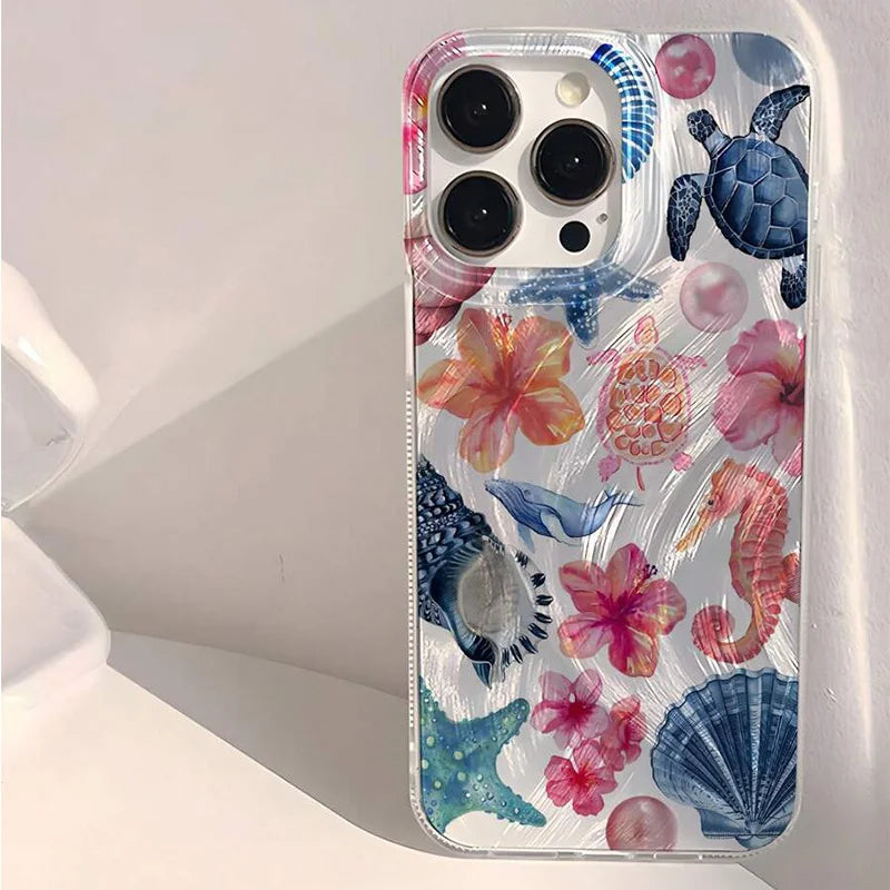 Pink Heart Starfish Pattern Phone Case for iPhone 7–17 Series – Cute Coral Jellyfish Protective Cover