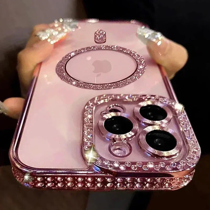 Glitter Diamond Transparent Phone Case for iPhone 11–17 Series – Magnetic Wireless Charging Bumper Cover