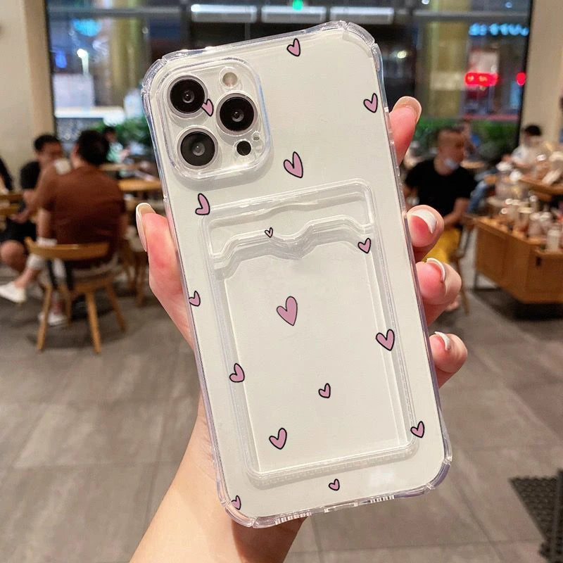 Love Heart Wallet Phone Case for iPhone 7–16 Series – Clear Card Holder Protective Cover