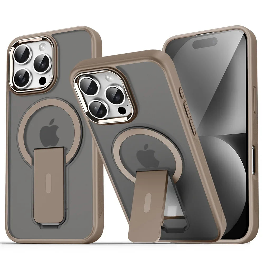 Luxury MagSafe Folding Stand Case for iPhone 11–16 Series – Magnetic Matte Translucent Protective Back Cover