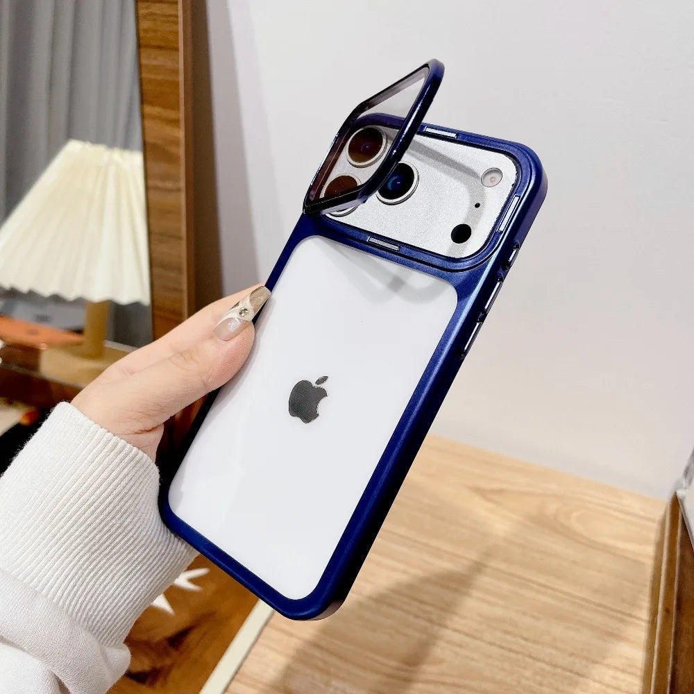 Ultra Thin Transparent Camera Stand Case for iPhone 17 / 17 Pro / 17 Air / 17 Pro Max – Plated Glass Shockproof Cover