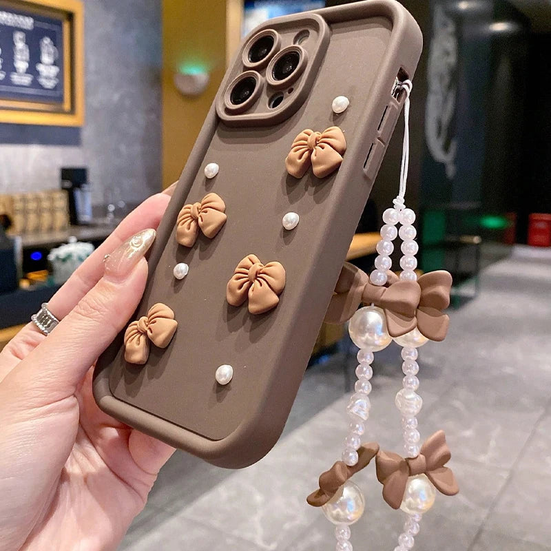 3D Bowknot Pearl Silicone Phone Case for iPhone 7–17 Series – Korean Style Soft Protective Cover with Lanyard