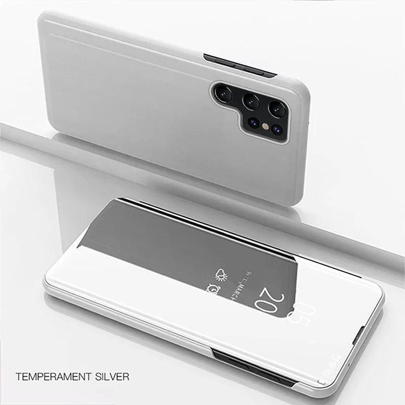 Luxury Mirror Flip Case for Samsung Galaxy S21–S26 Series – Shockproof Leather Texture Protective Cover