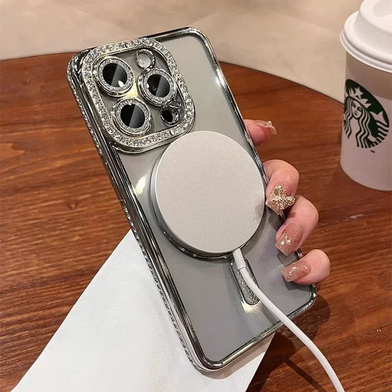Glitter Diamond Transparent Phone Case for iPhone 11–17 Series – Magnetic Wireless Charging Bumper Cover
