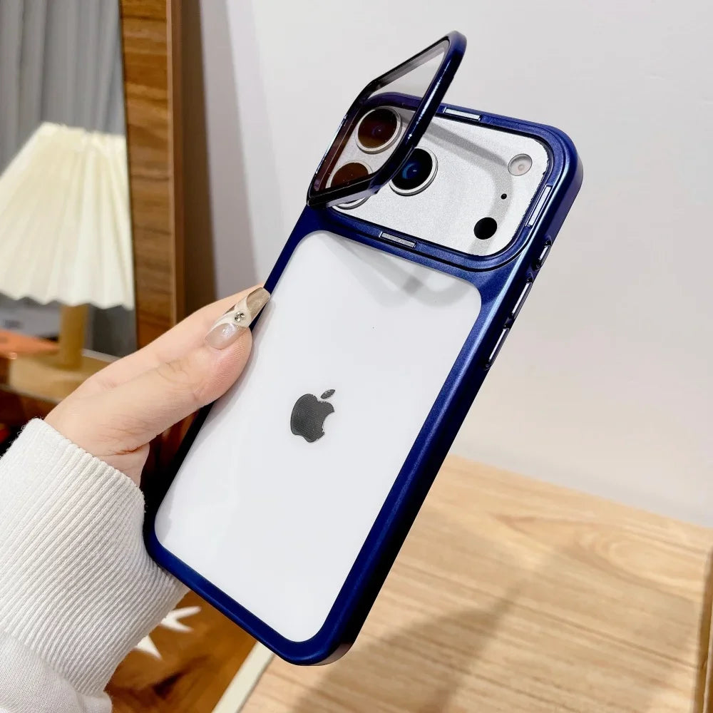 Ultra Thin Transparent Camera Stand Case for iPhone 17 / 17 Pro / 17 Air / 17 Pro Max – Plated Glass Shockproof Cover