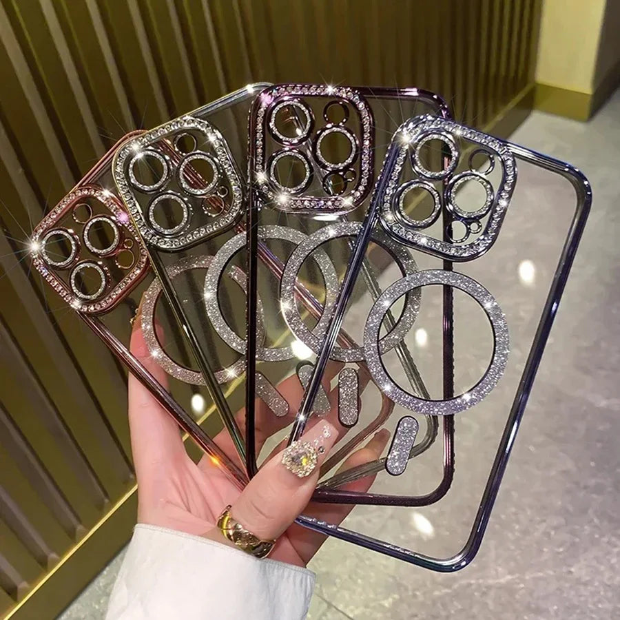 Glitter Diamond Transparent Phone Case for iPhone 11–17 Series – Magnetic Wireless Charging Bumper Cover