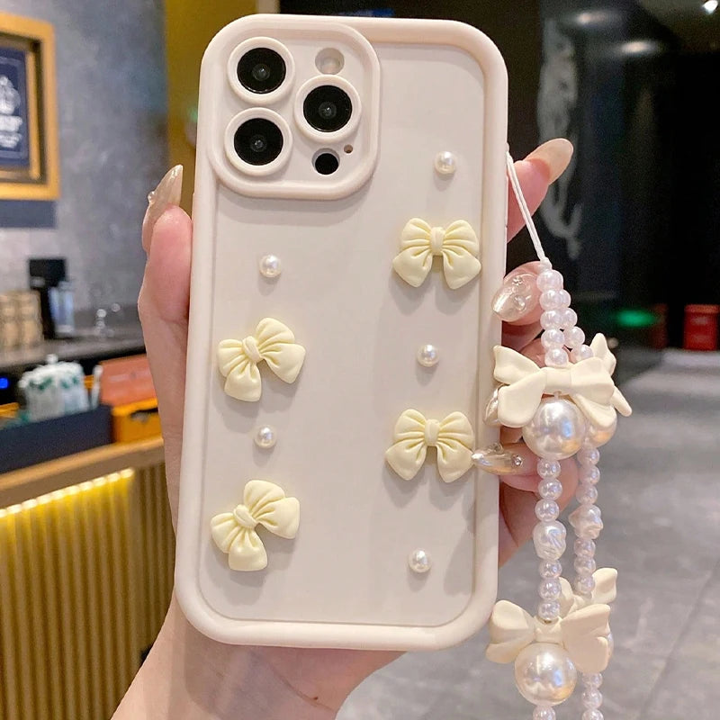 3D Bowknot Pearl Silicone Phone Case for iPhone 7–17 Series – Korean Style Soft Protective Cover with Lanyard