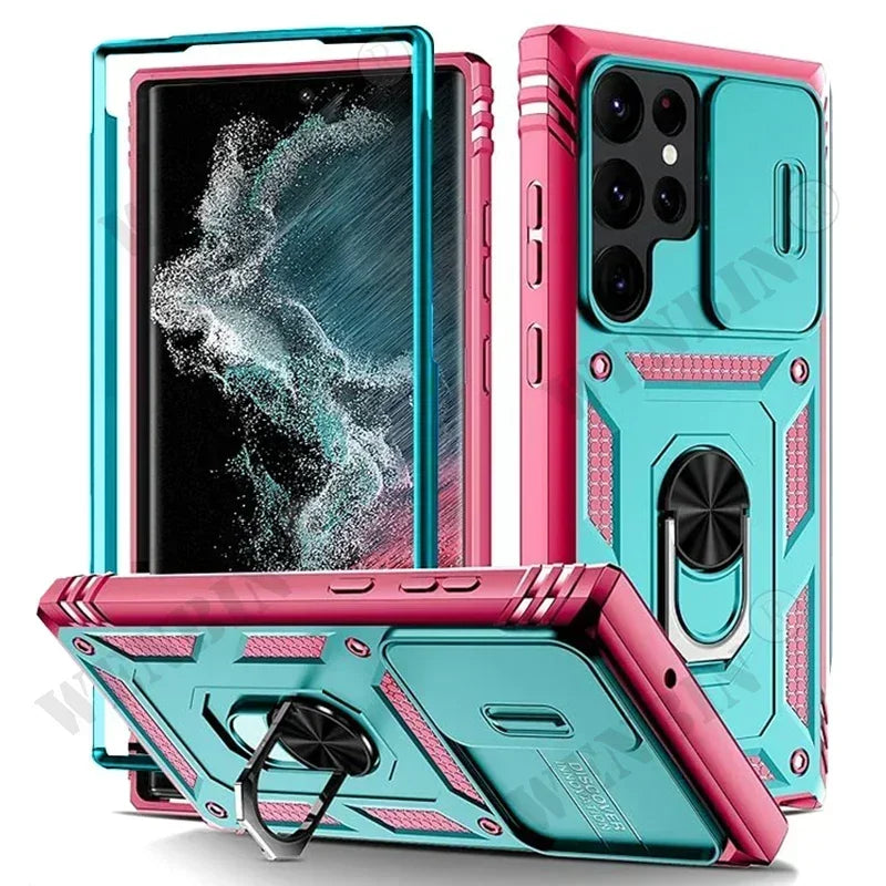 Heavy Duty Kickstand Case for Samsung Galaxy S23–S26 & A Series – 360° Camera Protection Cover for Ultra / Plus / FE / A17 / A16 / A57 / A56 / A37 / A36 5G