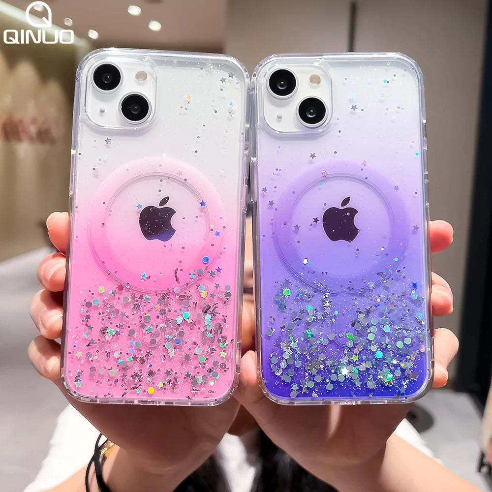 Gradient Glitter Sequins Magnetic Phone Case for iPhone 7–17 Series, MagSafe Compatible Protective Cover