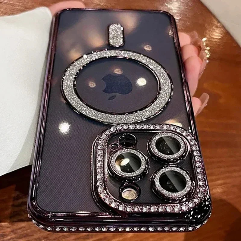 Glitter Diamond Transparent Phone Case for iPhone 11–17 Series – Magnetic Wireless Charging Bumper Cover