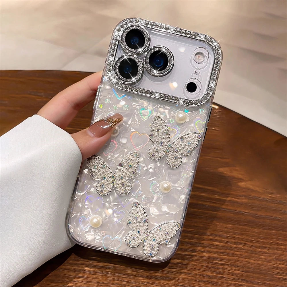 Rhinestone Glitter Pearl Butterfly Phone Case for iPhone 12–17 Series, Diamond Camera Protection Cover