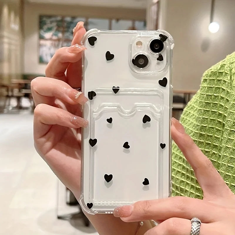 Love Heart Wallet Phone Case for iPhone 7–16 Series – Clear Card Holder Protective Cover