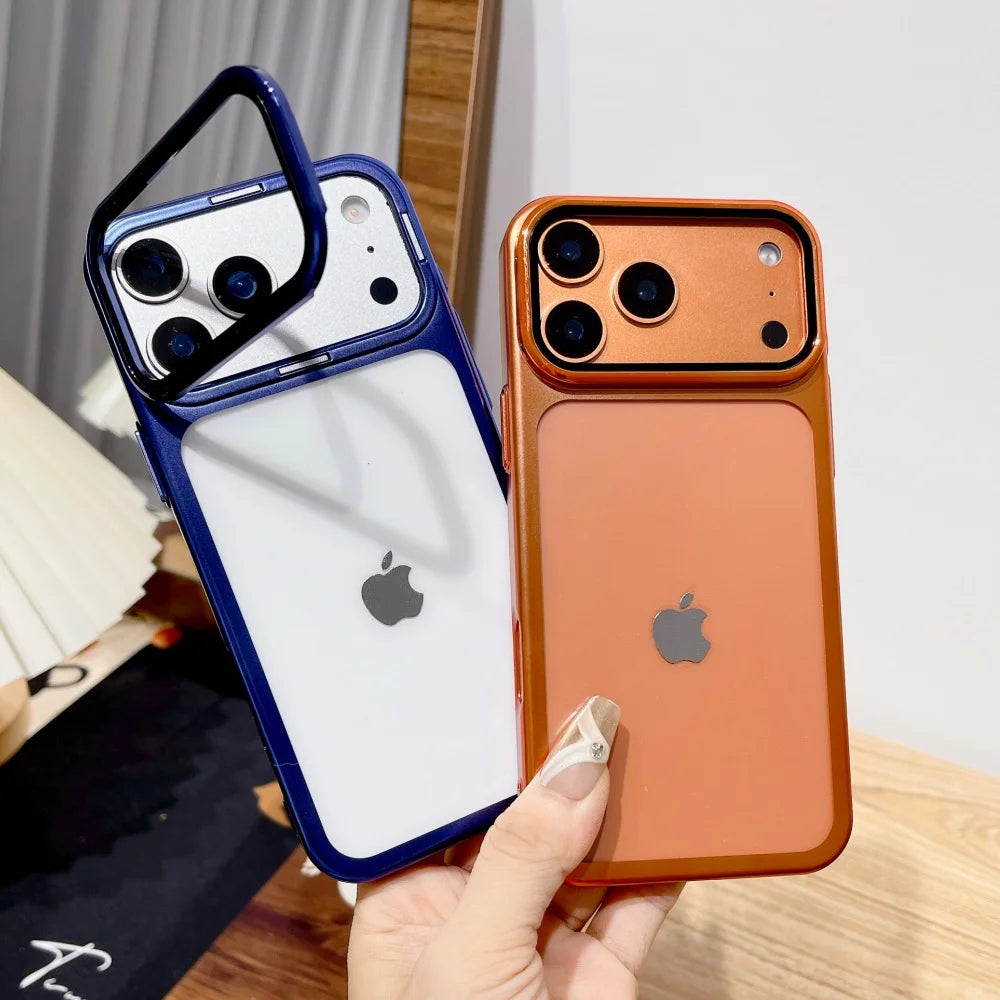 Ultra Thin Transparent Camera Stand Case for iPhone 17 / 17 Pro / 17 Air / 17 Pro Max – Plated Glass Shockproof Cover