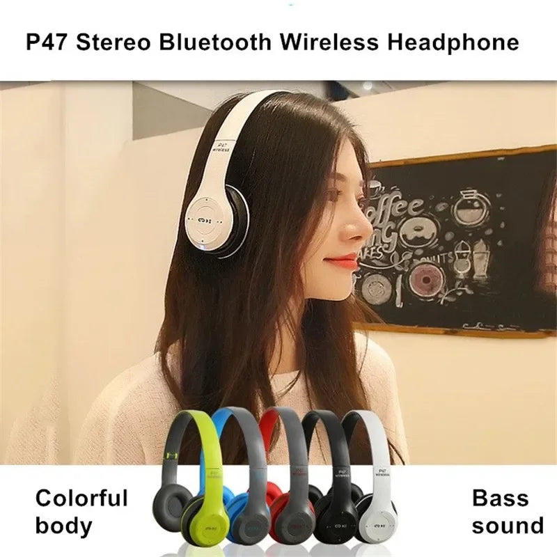 P47 Bluetooth Wireless Headphones – Foldable HiFi Stereo Bass Earphones with Mic & USB Adapter for iPhone, Gaming & Kids